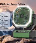 24000mAh Portable Fan With Light And Remote, Rechargeable Battery Powered in green for camping and outdoor use