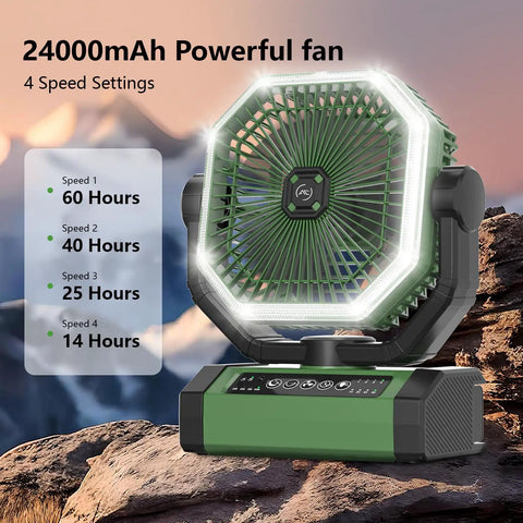 24000mAh Portable Fan With Light And Remote, Rechargeable Battery Powered in green for camping and outdoor use