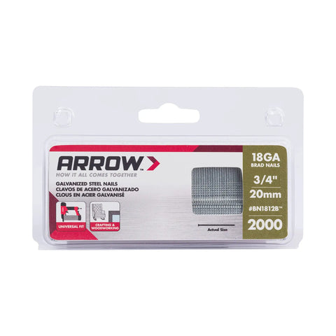 Heavy Hitter 18 Gauge Galvanized Steel Brad Nails For Tough Carpentry And Weekend Project Builds Includes 2000 Count Of Trusty 3/4 Inch Fasteners in packaging.