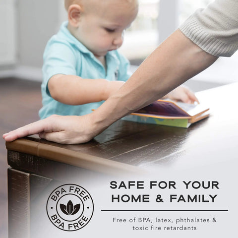 Tot Friendly Corner And Edge Guard Protector Set Includes Sixteen Pre Taped Furniture Bumpers For Tables And Counters Brown showing edge guard on a table.