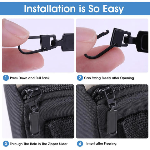 Installation steps for 8 Pack Black Zipper Pull Replacements For Jackets And Coats Bags And Luggage Easy Install Zipper Sliders