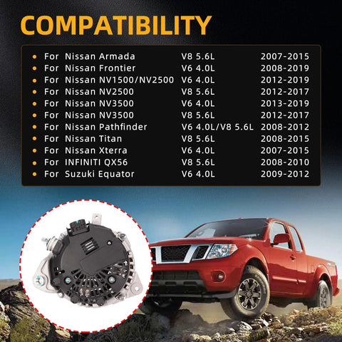 Drop In Replacement Alternator For Nissan Armada 2007 To 2015 Xterra 2007 To 2015 Frontier 2008 To 2019 Pathfinder 2008 To 2012 Titan 2008