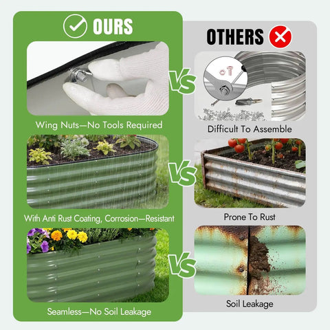 Comparison of galvanized raised garden bed kit with anti-rust coating and seamless design vs others prone to rust and leakage.