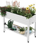 Elevated Raised Garden Bed With Locking Wheels, Large Resin Outdoor Planter Box Stand, planted with various flowers