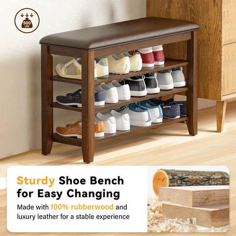 Durable Rubberwood Shoe Bench With Leather Cushion For Entryway And Mudroom, A Ready-To-Go Solid Shoe Rack For Hallways And Front Doors, Featuring 3 Height Adjustable Removable Shelves.