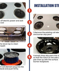 Installation steps for 8 Piece Porcelain Drip Pans And Electric Stove Burner Replacement Set with numbered guide