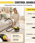 Get Your Home Sparkling With This Powerful Handheld Steam Cleaner. A woman uses it on a couch with adjustable steam levels.