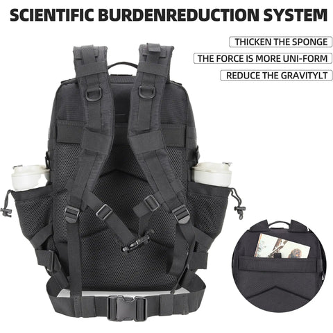 Back view of 45L Tactical Assault Backpack With MOLLE System Waterproof Rucksack, showing padded straps and back support, Black Rose