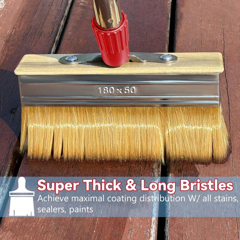 Decking brush in use, applying stain with 60 Inch Long Handle Deck Stain Brush Kit With 7 Inch Deck Stain Brush And 3 Inch Paint Brush.