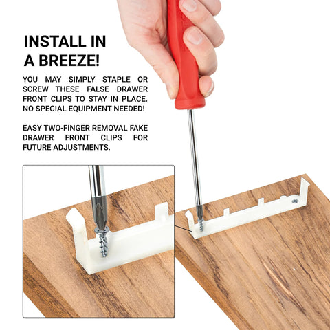 Installing Two Pairs Plastic False Front Cabinet Clips for Attaching False Drawer Fronts to 3/4 Inch Face Frames and 5 Inch Drawer Openings