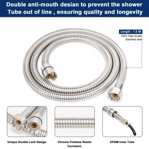 Handheld Shower Head Kit With High Pressure Flow Wall Connector And Hose 304 Stainless Steel Chrome Finish Luxury Bathroom Shower System With Modern Square Design showing stainless steel shower hose and fittings.