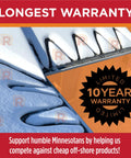 HeatTape Pro Self Regulating Heat Cable With GlowCap Technology, shown preventing ice dams on roof with 10-year warranty badge