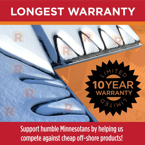 HeatTape Pro Self Regulating Heat Cable With GlowCap Technology, shown preventing ice dams on roof with 10-year warranty badge