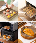 4 Pack PTFE Teflon Sheets used in baking cookies and bread with heat-resistant properties, showing versatility in ovens.