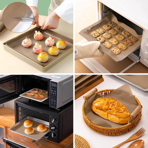 4 Pack PTFE Teflon Sheets used in baking cookies and bread with heat-resistant properties, showing versatility in ovens.