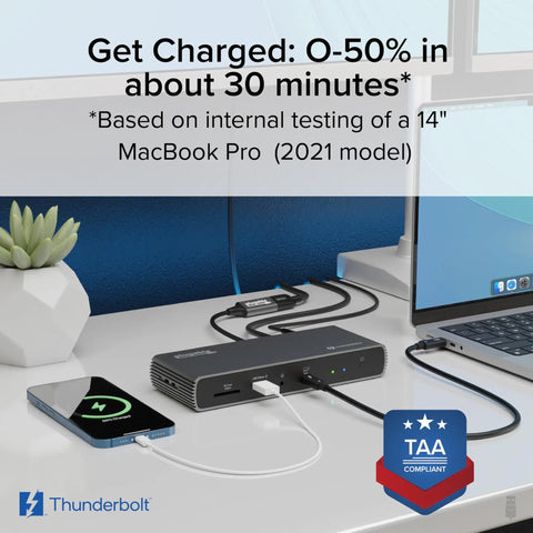 Rock Solid Thunderbolt 4 Docking Station For Mac And Windows Runs Two Monitors Like A Champ With One Hundred Watt Fast Charging on a desk.