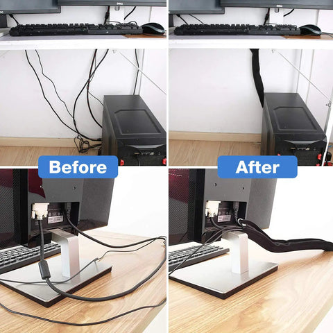 Before and after using 4 Pack Cable Management Sleeve With Zipper 19 To 20 Inch Length Neoprene Wire Wrap, showing organized cables.