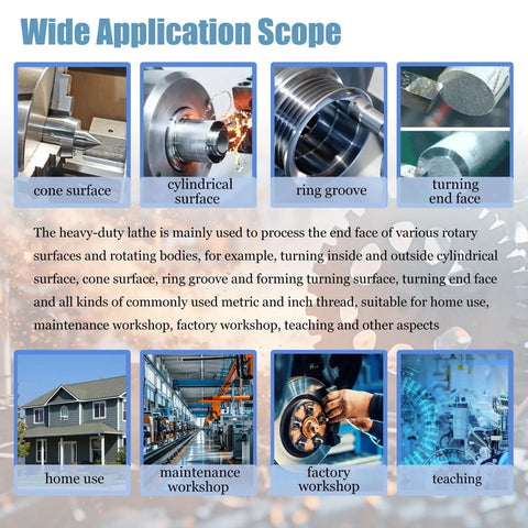 Image showcasing applications of Badass Heavy Duty Precision Metal Workshop Bench Lathe with various surfaces and usage types.