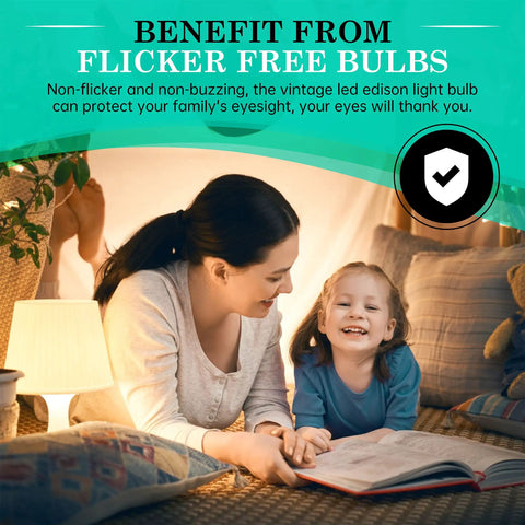 Mother and child reading under warm light from Vintage LED Edison Bulb With Ultra Thin Spiral Filament 2700K Cozy Warm White Glow Non Dimmable T45 Tubular Light Bulb 40 Watt Equivalent Clear Glass E26 Base 120V 4 Pack.