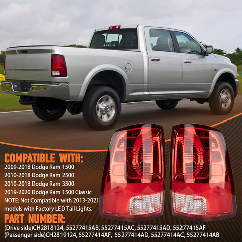 Tail Lights for Dodge Ram 1500 2500 3500 2009-2018 Left Driver and Right Passenger Rear Brake Back Up Lens Assembly with Lamps