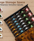 Vertuo Pod Holder And Organizer For Nespresso VertuoLine Rustic Brown Wood Top displaying 60 colorful coffee capsules