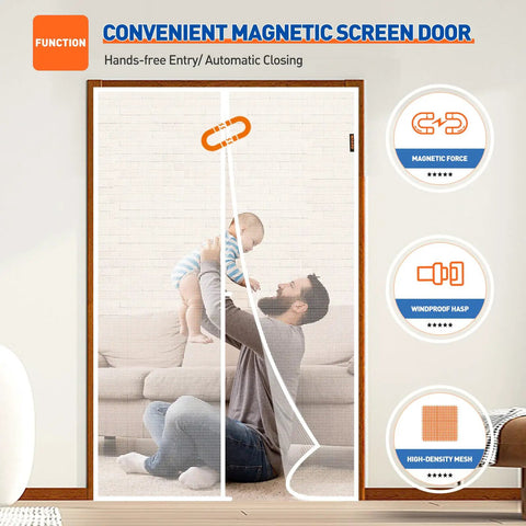 Magnetic Screen Door Fits 72 By 80 Inches Openings With 74 By 81 Inches Screen, showing easy install and magnetic closure