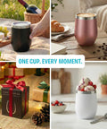 Stainless Steel Double Wall Vacuum Insulated Wine Tumblers for coffee and ice cream in various settings, showcasing versatility.