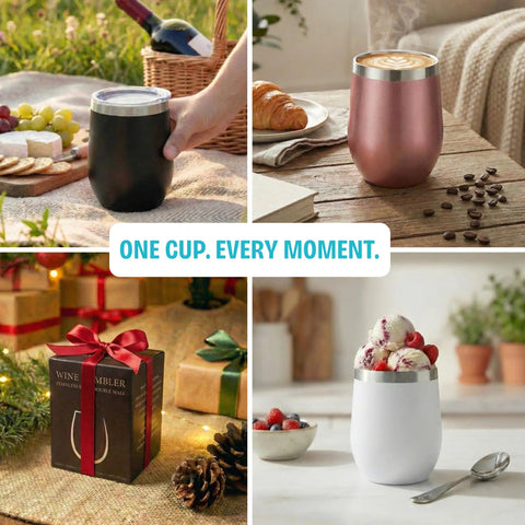 Stainless Steel Double Wall Vacuum Insulated Wine Tumblers for coffee and ice cream in various settings, showcasing versatility.