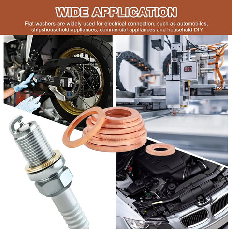 200 Pcs Copper Oil Drain Plug Gasket Set With M5 M6 M8 M10 M12 M14 Crush Washers in use on vehicles and machinery