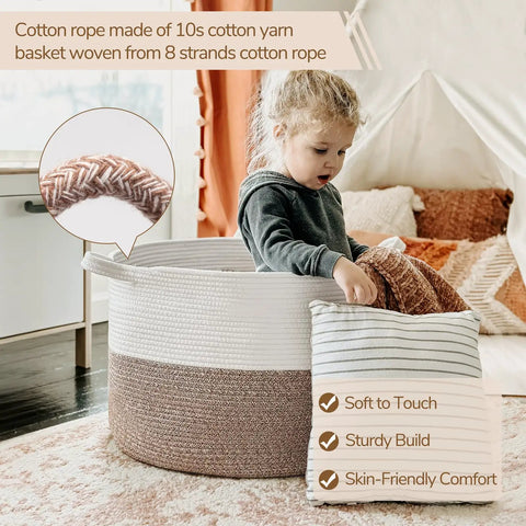 Child sitting in XXL Cotton Rope Blanket Basket With Handles For Living Room Storage 21.7 Inches Square And 13.8 Inches Tall Handwoven