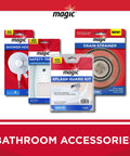 Magic brand bathroom accessories including shower hook, safety treads, splash guard kit, and drain strainer against a red background.