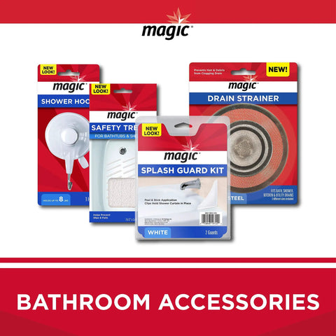 Magic brand bathroom accessories including shower hook, safety treads, splash guard kit, and drain strainer against a red background.
