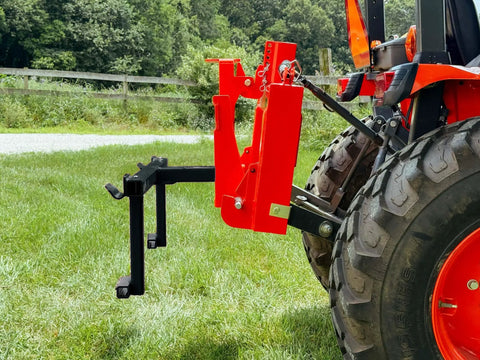 Tractor with Trailer Hitch Trash Can Hauler For Curbside Cleanup, Tractor Trash Can Mover That Fits 2 Inch Receivers, Easy Garbage Bin Hauler For Front End Loader, No Brainer Double Can Model With Pin, Made In USA attached, preparing for curbside cleaning.