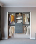 Top Shelf Grey Closet Organizer Kit Measuring 67.5 Inches Across with double hanging rods and drawers, organized clothing display.