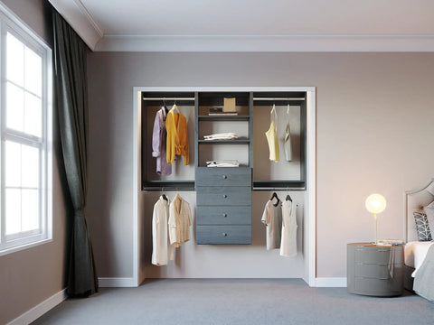 Top Shelf Grey Closet Organizer Kit Measuring 67.5 Inches Across with double hanging rods and drawers, organized clothing display.
