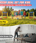 Backyard Kid Friendly Soccer Goal Set Pack Of Two Portable Pop Up Nets With Ball And Cones Complete Training Gear For Ages 3 To 8 Easy Fold Pop Up Design For Quick Setup And Hours Of Outdoor Fun shown in use with kids playing outside