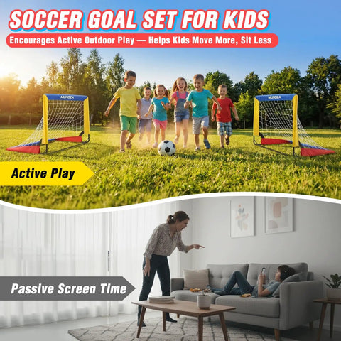 Backyard Kid Friendly Soccer Goal Set Pack Of Two Portable Pop Up Nets With Ball And Cones Complete Training Gear For Ages 3 To 8 Easy Fold Pop Up Design For Quick Setup And Hours Of Outdoor Fun shown in use with kids playing outside