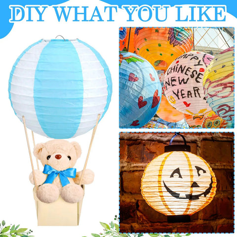 12 Set Baby Shower Hot Air Balloon Table Centerpieces Kit With DIY Paper Lanterns Plush Bears Wooden Baskets Wood Sticks And Adhesive Dots Party-Ready For Weddings Birthdays Gender Reveals Blue featuring colorful balloon designs