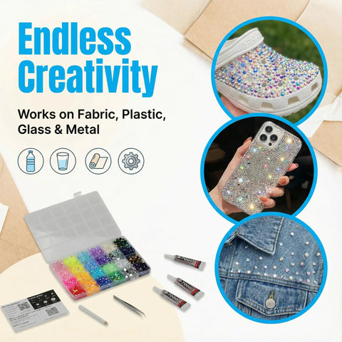 Nine Thousand Pcs Rainbow Rhinestones Bedazzling Kit with 5mm flatback resin gems, displayed with shoes, phone case, and denim jacket.