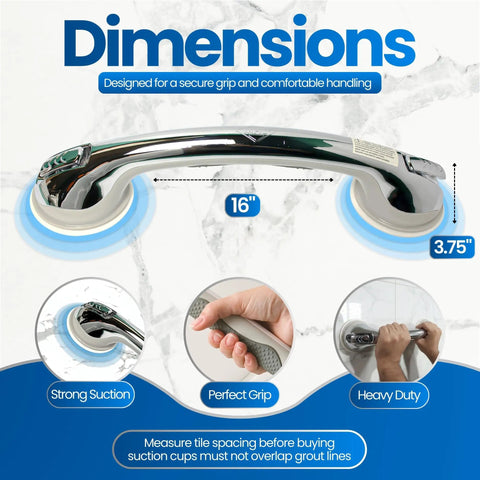No Tool Suction Cup Grab Bar For Bathtubs And Showers Portable Chrome 16 Inch Bath Safety Handle shown with dimensions and grip info