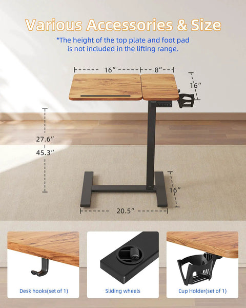 Yihayo Electric Height Adjustable Overbed Table W/ Wheels dimensions, features desk hooks, cup holder, and sliding wheels.