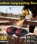 Cordless 21V Mini Angle Grinder Kit with brushless motor cutting metal with sparks, 2 batteries visible in foreground