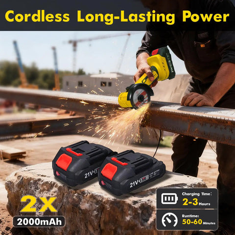 Cordless 21V Mini Angle Grinder Kit with brushless motor cutting metal with sparks, 2 batteries visible in foreground