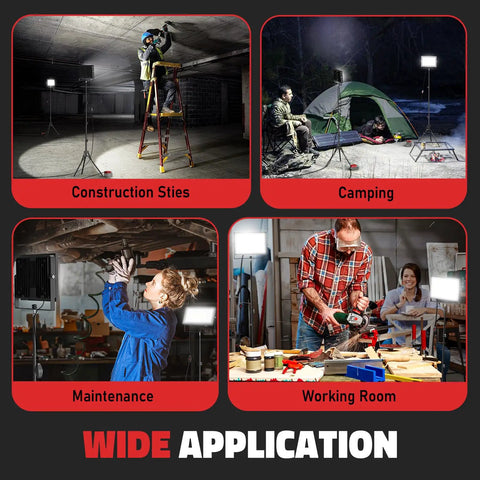 Heavy Duty 200W LED Work Lights With Stand Two Pack used in various settings like construction sites, camping, maintenance, and workshops.