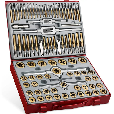 87 Piece All In One Tap And Die Set With SAE And Metric Sizes In Pro Grade Titanium Steel for thread repair in red case
