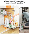 Super Sturdy Two Tier Under Sink Organizer With Adjustable C Shape Base And Smooth Pull Out Rollers in use storing cleaning supplies.