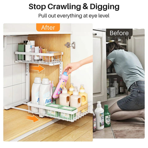 Super Sturdy Two Tier Under Sink Organizer With Adjustable C Shape Base And Smooth Pull Out Rollers in use storing cleaning supplies.