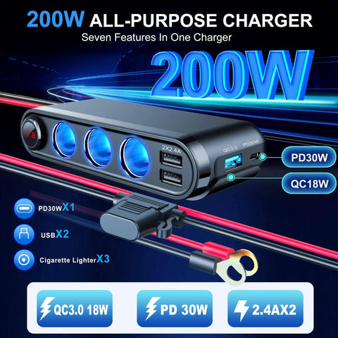 Image showing a 12V Car Lighter Socket Splitter With 7 Ports USB PD Type C 30W QC3 18W Quick Charge, featuring 3 lighter sockets and 2 USB ports.