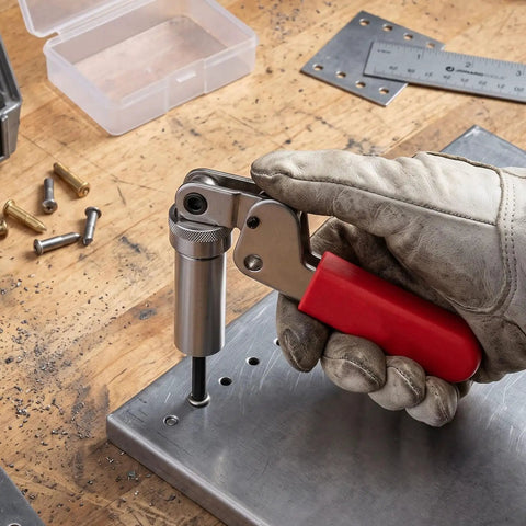 Heavy Duty Steel Drum Fastener Plunger Tool Fits Size Six Components With 0.158 Inch Inner Diameter in use with a gloved hand.