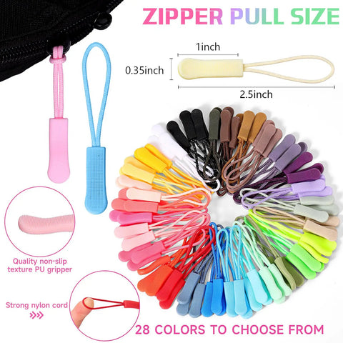 Easy Fix Zipper Repair Kit With 373 Pieces Including Colorful Sliders Replacement Zipper Pulls Shows 28 Colors and Sizes